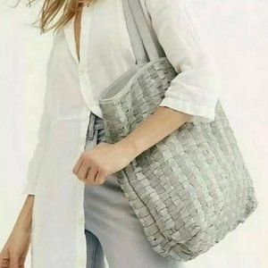 New Free People Ren Woven Leather Oversized Tote Bag Blue Gray